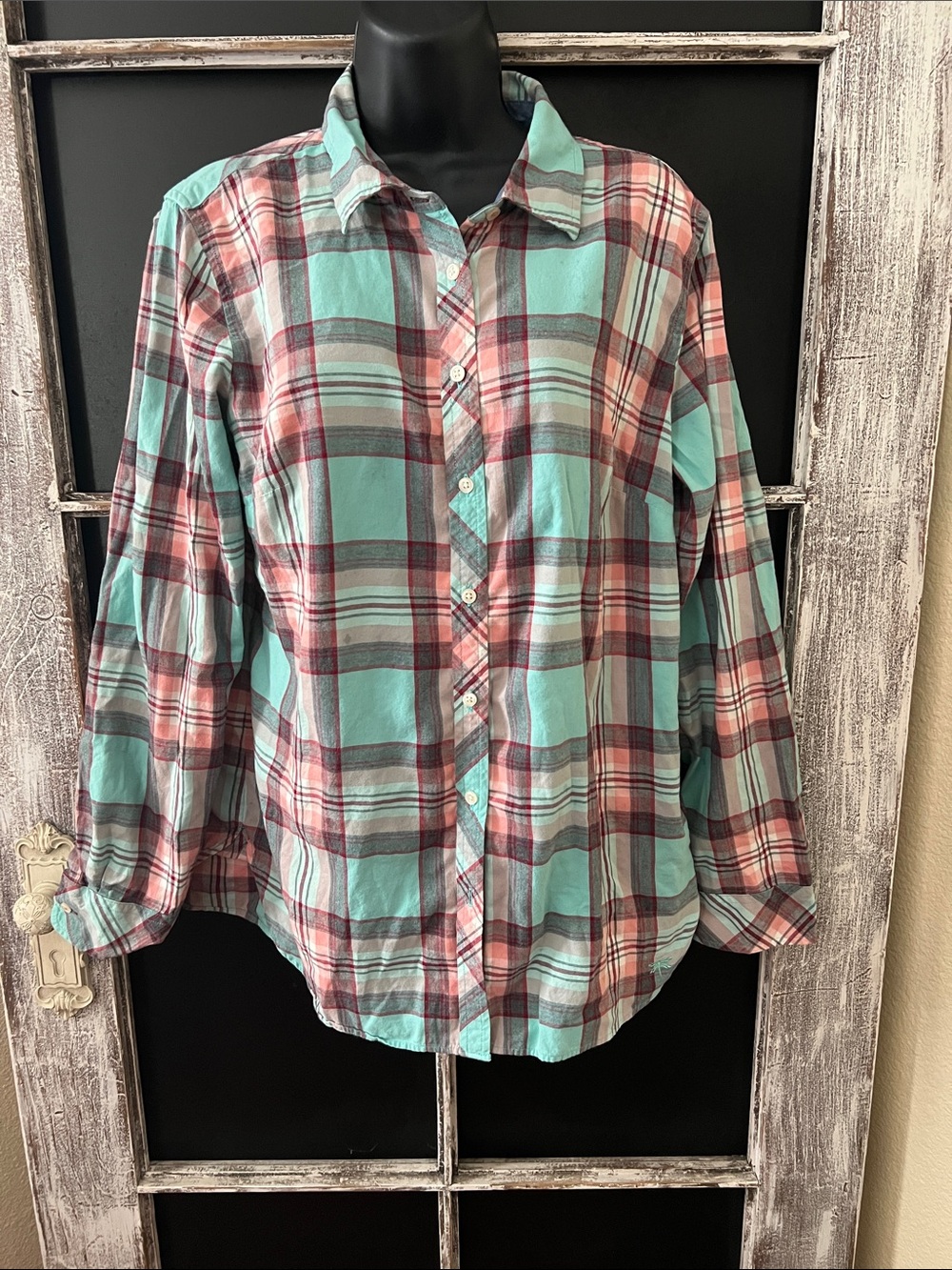 Talbots,  casual Mint & Coral Plaid Button-Up Shirt.